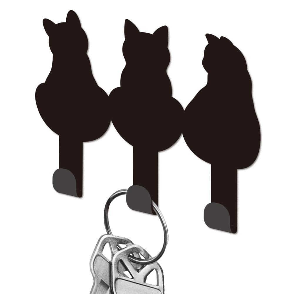 DELORIGIN Cat Back View Metal Key Holder for Wall Cookware Mini Key Hook Organizer Rack Key Hangers Wall Decorative with 3 Hooks for Entryway Front Door Hallway Kitchen Office Bag Clothes Key Hanging