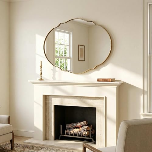 Image of ANDY STAR 22x30 Brushed Gold Scalloped Oval Bathroom Vanity Mirror