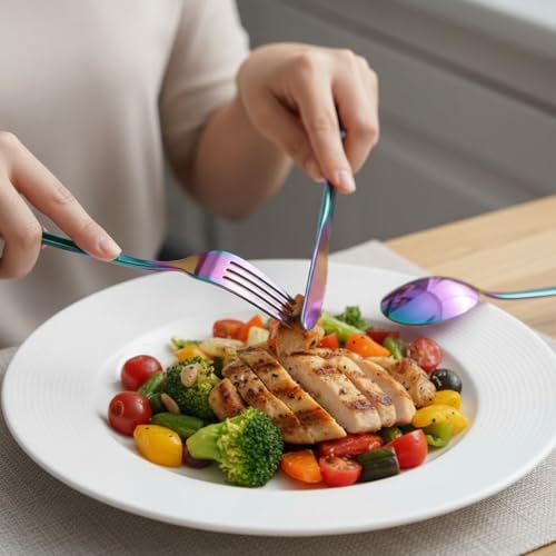 Image of Mirror Polished Rainbow 8 Pcs Stainless Steel Cutlery Set for Dining Table, Dishwasher Safe Glossy Flatware (2 Spoon Set + 2 Forks Set + 2 Butter Knife + 2 Dessert Spoon)