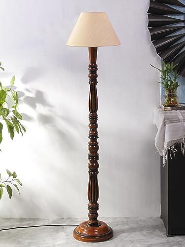 Image of Floor Lamp with Wooden Base - Height 55 inch, Light Tan | Modern Standing Lamp for Living Room, Bedroom & Office | Stylish & Elegant Home Lighting Decor | Decorative Lamp