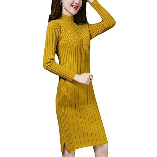 Robe en tricot jaune à col roulé KEHAIOO pour un style casual en hiver