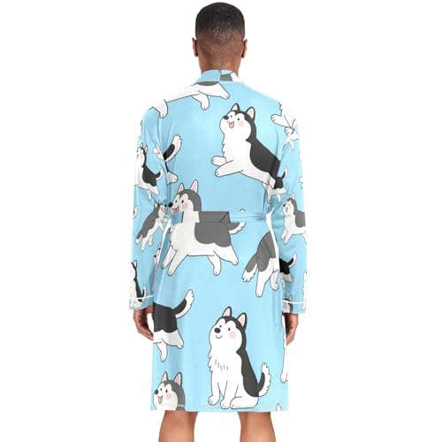 OTVEE Siberian Husky Dog Pattern Mens Night-Robe Lightweight Soft Bathrobe Sleepwear with Pockets3