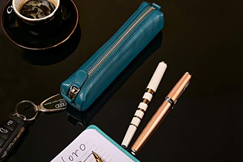 Image of DiLoro Leather Zippered Fountain Ballpoint Rollerball Pens and Pencils Case Holder Pouch Genuine Full Grain Soft Nappa Leather (Sololio Blue)