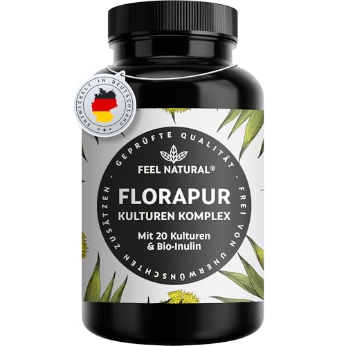 Florapur Kulturen Komplex - 180 magensaftresistente Kapseln - 3 Monatsvorrat - 20 Bakterienkulturen & Bio Inulin - 20 Mrd. KbE je Tagesdosis - Milchsäurebakterien Bifidobakterien - vegan