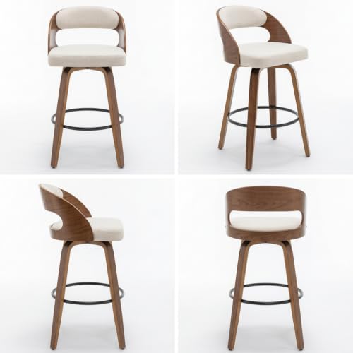 Image of AQG Swivel Bar stools Set of 1 Bar Chairs 30 inch Counter Height Mid-Century Modern Bentwood Barstool Faux Linen Upholstered Bar Chair with Back and Footrest, for Bar, Cafe, Dining, Kitchen Island, Beige