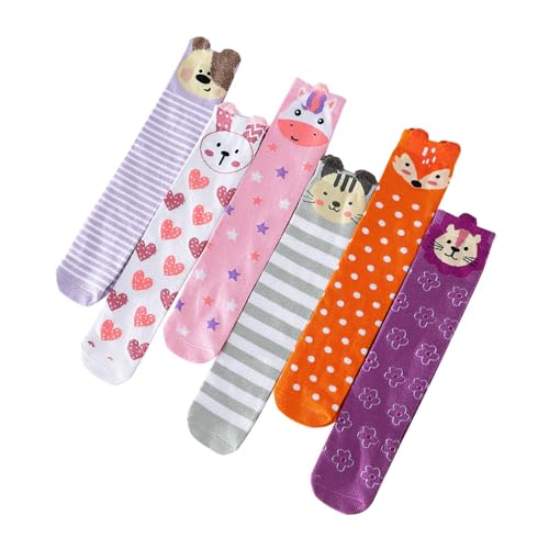 6 Pairs Knee High Socks for Girls with Cute Animal Patterns, Soft Cotton Stretchy Long Socks for Kids, Fun School and Casual Wear with Non-Slip Grips - Quttly