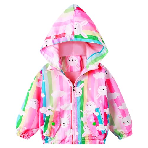 Baogaier Chaquetas Niñas Capucha Rosa Conejo Raya Impresión Abrigos Casual Ligero Fino Manga Larga Cremallera Cortavientos con Forro Transpirable Primavera Chandal Cazadora 6-7 Años