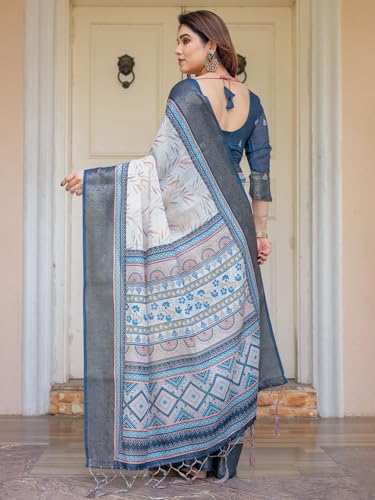 Image of ALMAARI FASHION Floral Printed Cotton Saree for Women with Handloom Zari Weave, Traditional Lightweight Ethnic Saree for Wedding Festive Office Party with Blouse Piece (LINEN 81-90 SH)