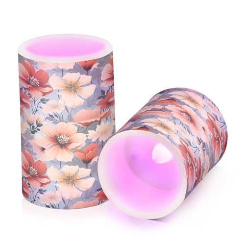 ALAZA Orange and White Floral Flickering Flameless Candles Battery Operated with Remote Timer,Tea Light Candles LED Pillar Votive Candles Set of 2 for Outdoor Indoor Decorations