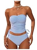 GORGLITTER Women's Striped Bandeau Tankini Swimsuits Side Drawstring Bathing Suit Blue and White Medium