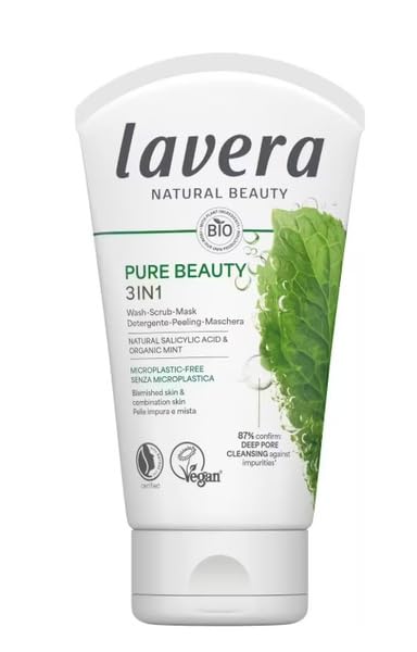 lavera Pure Beauty, maschera esfoliante 3 in 1, pulizia profonda dei pori, contro le impuritĂ , riduce i punti neri, vegani, cosmetici naturali