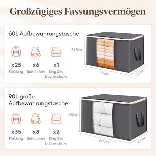 Lifewit Große Aufbewahrungstasche Schrank Organizer Set, Faltbar Kleideraufbewahrung mit verstärkt Griff, stabilem Reißverschluss für Kleidung, Bettwäsche, Bettdecken, Steppdecke, Grau, 6 Stück