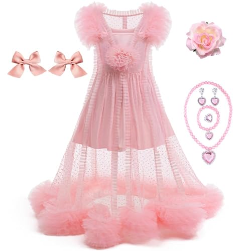 keaiyouhuo Déguisement de Sorcière Rose pour Enfants Pyjama Fille 2 Pièces Robe Maille Rose Tenue de Bonne Sorcière avec Accessoires