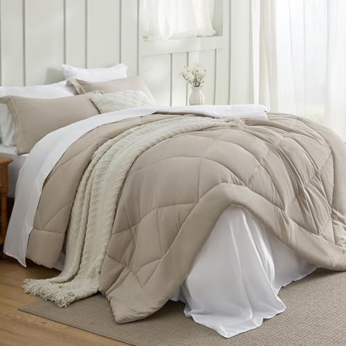 Image of Bedsure King Size Comforter Set - 7 Pieces Reversible Beige and White Bedding, King Size Bed Set for All Seasons, Bed in a Bag with Down Alternative Comforter, Sheets, Pillowcases & Shams