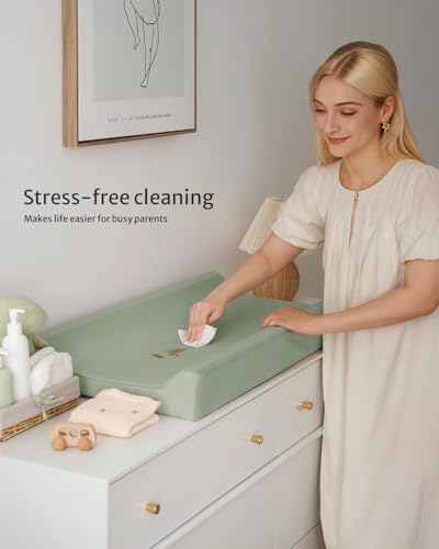 Image of Blissful Diary Vegan Leather Baby Changing Pad with Waterproof & Wipe-Clean PU Cover, Standard Size Cozy Diaper Changing Pad for Dresser and Table, Light Green