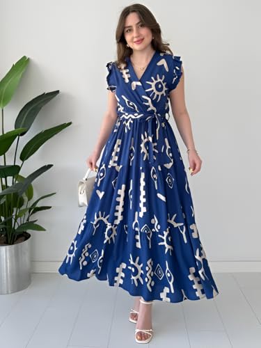 Image of KZULLY | Dress for Women | Feminine Cross Tie Long | Soft Frill Arm Detail Look | Stylish Allover Print Wear