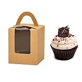 Clear Bakery Pastry Brown Kraft Paper Single Cupcake Boxes With Window And Handle Wholesale(50PCS)