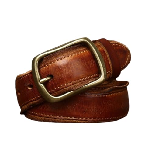 Handmade Stitched Retro Cowhide Embossed Belt 33mm Distressed Strap with Solid Brass Buckle for Work,Casual,Dress