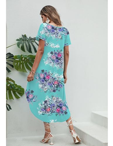 Image of Ekouaer Long Nightgowns for Women Short Sleeve House Dress with Pockets V Neck Sleepshirts Side Split Sleepwear S-4XL