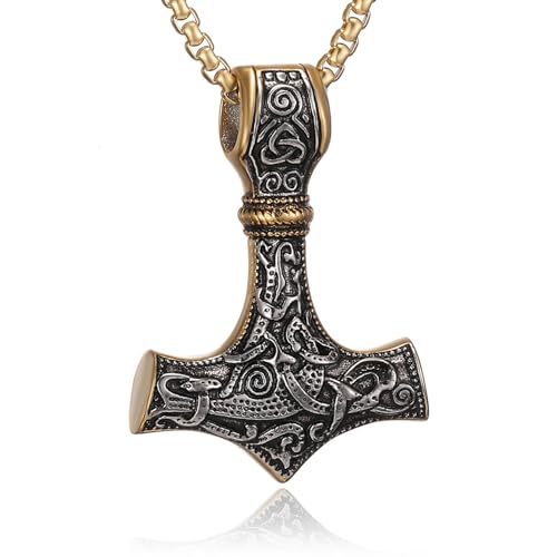 HSWYFCJY Thors Hammer Necklace Mens Old Silver Gold Mjölnir Hammer Viking Jewellery Length 24inch