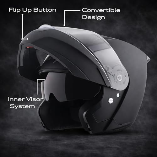 Image of Vega VM-02 Spike Flip-Up Motorcycle Helmet with ISI Certification | High-Impact ABS Shell, Dual Visor, UV & Scratch Resistant: Dull Black , M