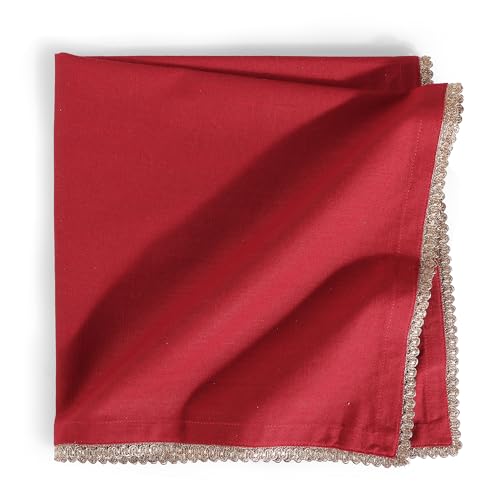 Image of FINGERCRAFT 100% Cotton Cloth Napkins Set of 6, 20 x 20 Inch Reusable Table Napkins with Golden Trim Lace, Mitered Corners, Dining Table Linen for Wedding, Festive, Restaurant & Home Use (Tango Red)