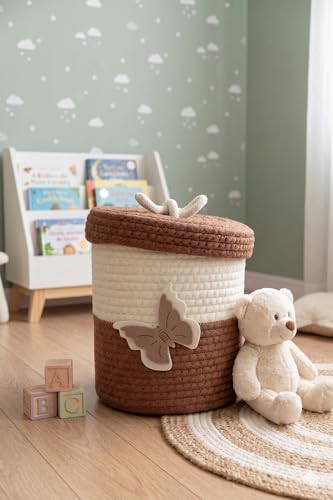 Image of Jute Basket For Storage Cotton Rope Toys Basket With Lid Handwoven Natural Foldable Laundry Hamper for Home, Office, Living Room Size 10x10 inch (brown butter fly)