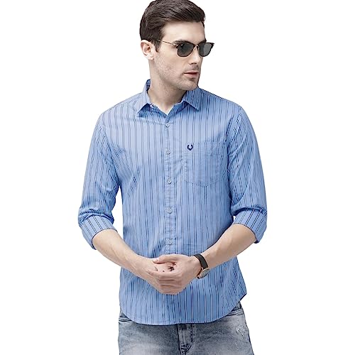 Image of Indian Garage Men's Slim Fit Casual Striped Cotton Shirt Features Cutaway Collar, Full Sleeves, one Patch Pocket, Regular Length, Curved Hem and Button Closure.