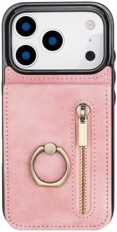 Leather Zipper Wallet Case for iPhone 17/17 Air/17 Pro/17 Pro Max, Slim RFID Blocking Cover with Rotation Metal Ring Stand, Anti-Scratch Design(Pink,17)