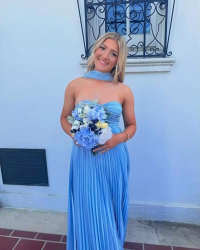 Strapless Chiffon Bridesmaid Dresses with Scarf Long A Line Flowy Formal Wedding Guest Dresses4