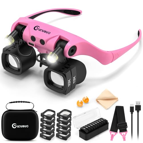 GUOUBUO Magnifying Glass with Light 2X 4X 6X 10X 13X Magnifying Glasses Lens Switchable Binoculus Loupe w/Storage Case Rechargeable Head Mount Magnifier for Close Work Watch Repair Crafts Jewelry
