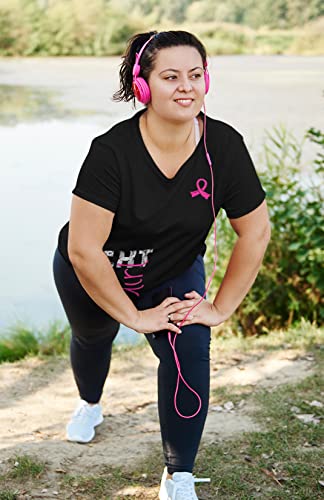 Fight Like A Girl Side Wrap Ladies V-Neck T-Shirt For Breast Cancer Awareness - Black W/Hot Pink [L] #TOP4