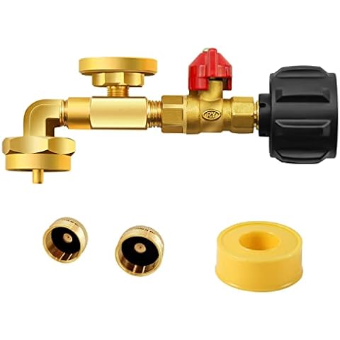 QCC1 Propane Refill Elbow Adapter with Propane Tank Gauge, 90 Degrees Refill Pressure Adapter with ON-Off Control Valve for Camping Grill 1LB Bottle Tank 20-40LBS Cylinder Cover