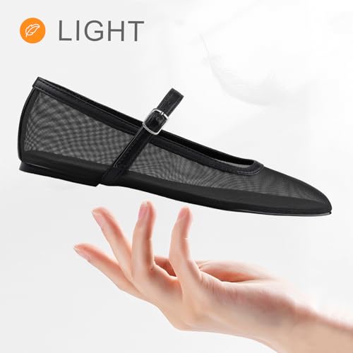 BCTEX COLL Black Mesh Ballet Flats Mary-Jane Ballerina Flats Square Toe Dressy Casual Shoes with Buckle Strap, Size 82