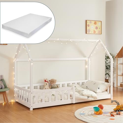 [en.casa] Kinderbett Hesel Hausbett mit Matratze 90 x 200 cm Weiß mit Rausfallschutz und Lattenrost Montessori Bodenbett Jugendbett Holzbett