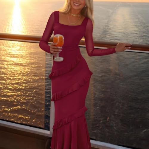 Nova In Sky Women's Wedding Guest Dress Maxi Long Sleeve Mesh Ruffle Formal Bodycon Mermaid Evening Cocktail Long Dress4