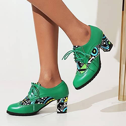 SaraIris Sapato feminino confortável de couro sintético com salto bloco, cadarço Oxfords vintage bro