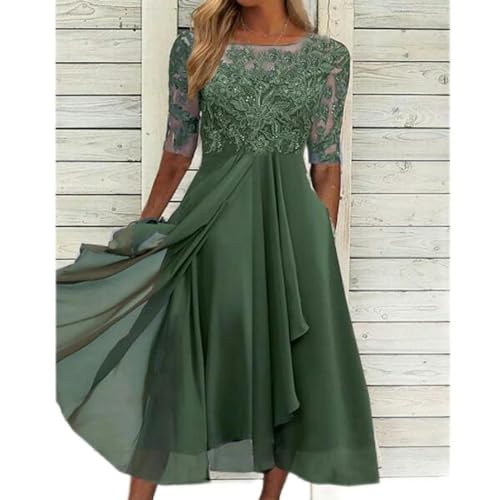WEITING Vestido de Noche de Dama de Honor de Primavera y Verano Europeo y Americano Vestido de Gasa Hueco de Manga Media con Encaje-No. 2 Colores verde-2XL
