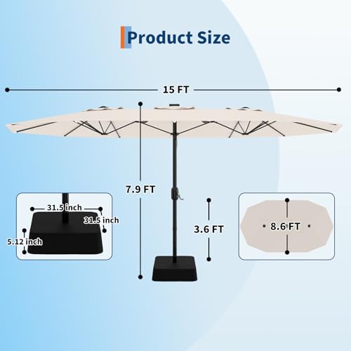 15 Ft Large Patio Umbrella with Base Included, Outdoor Double-Sided Rectangle Umbrella with Crank Handle, Outdoor Umbrella for Backyard, Pool, Patio,