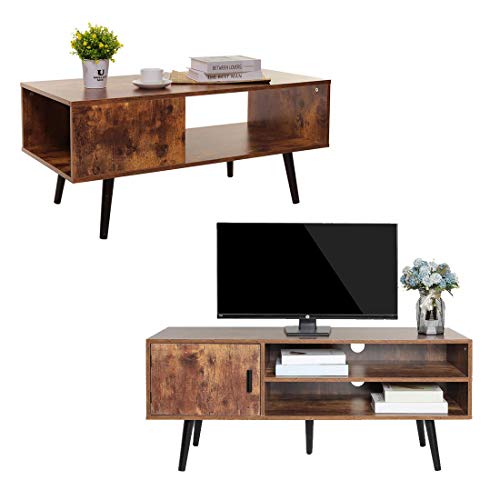 USIKEY Mid-Century Coffee Table with Storage Shelf and TV Stand with D