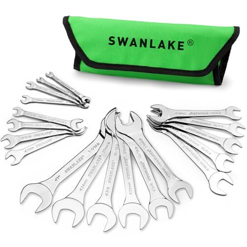Image of SWANLAKE GARDEN TOOLS 19-Piece Super-Thin Open End Wrench Set with Rolling Pouch, Metric 5.5-27 mm & SAE 1 /4 inch-1-1 /16 inch, 3 mm Thickness Slim Spanner Wrench Set, Carbon Steel