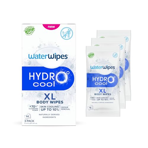 WaterWipes HydroCool Toallitas Refrescantes XL, Paños Corporales para Enfriamiento Instantáneo, Control de Olor y Sudor, Ideales para Gimnasio, Viajes y Aire Libre, 54 unidades (3 paquete)