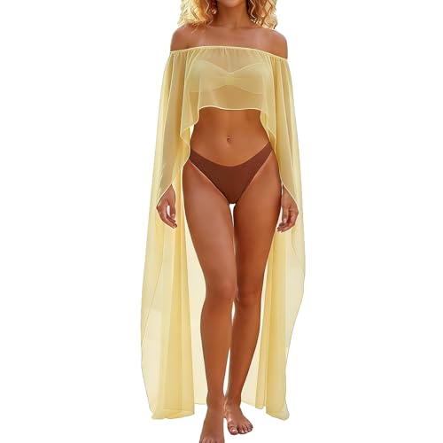 Mesh Sheer Off Shoulder Scarf Shawls and Wraps for Women Chiffon Capes Wedding Sarong Cover Ups (Yellow One Size)