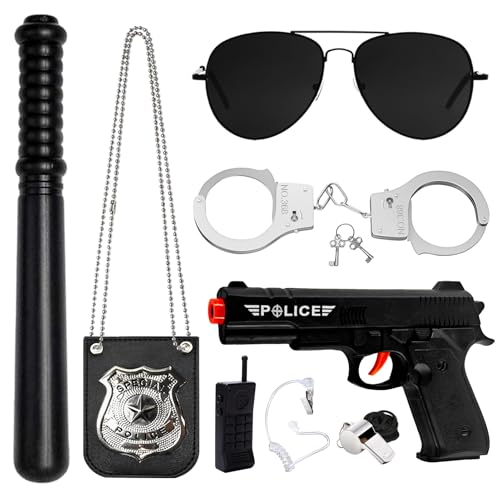 SHOWHEEL Accesorios de Disfraz Policia Niños,con Esposas,Walkie-talkie,Pistola,Placa de Policía,Silbato,Porra y Otros Accesorios de Juguete para Halloween Fiesta Carnaval Cosplay