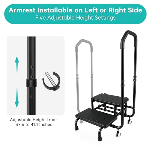 anccomp 2 Step Stool with Handrail & 2 Casters for Elderly, Bed Steps for High Beds for Adults, Non Slip Platform and Adjustable Handrail, for Kitchen Bathroom RV Bathtub, for Elderly, Seniors Black by anccomp - Used condition - Image 3