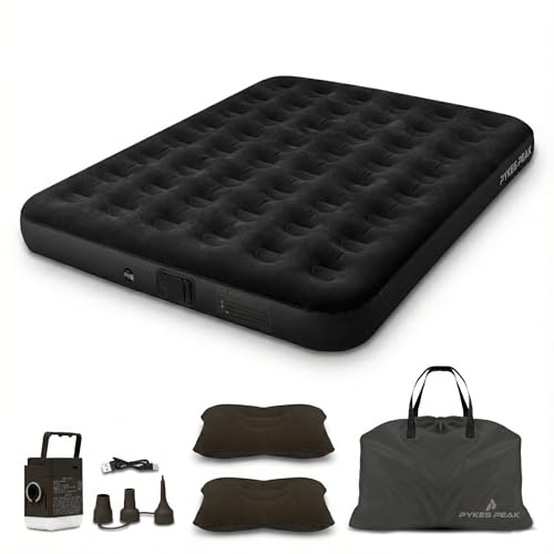 PYKES PEAK 電動式エアーベッド ダブル キャンプ用品 電動ポンプ内蔵 自動膨張 コンパクト 持ち運び便利 折りたたみ 厚さ20cm ワンタッチで空気抜け 防水性・通気性・快適性 寝袋 枕付き 防災用品 来客用 キャンプ 車中泊 エアマット エアーマット【ダブル ブラック】