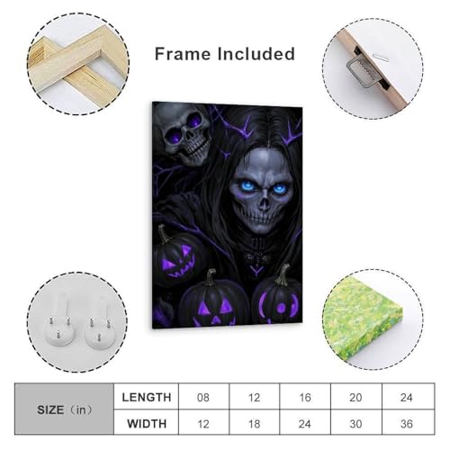 XMHMYHZJ Halloween-Poster mit lila gruseligen Kürbissen und einem Totenkopf mit blauen Augen, Wandkunst, Wandkunst, Wandbild, moderne Dekoration, hängendes Kunstposter, 60 x 90 cm