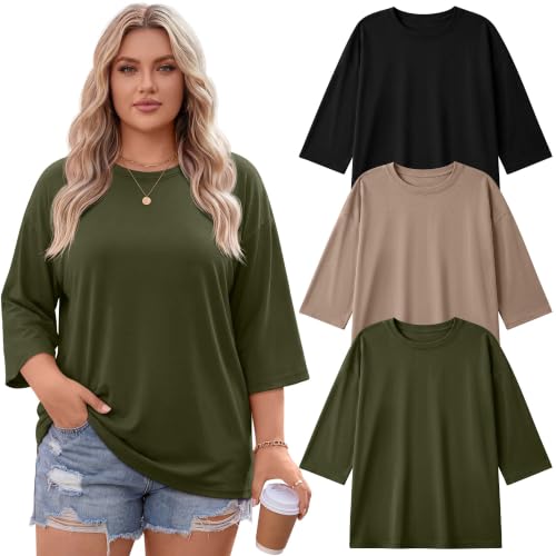 Image of Locoowai 3 Pack Women Plus Size Tops 3 /4 Sleeve Cotton Crew Neck Oversized T Shirts Loose Fit Tee Tunic Casual Blouse