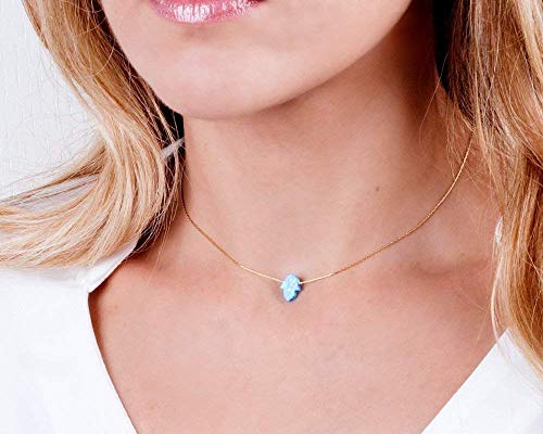 Blue Opal Hamsa On A Gold Filled Choker Necklace- Handmade Dainty Hand Of Fatima Collar - 13.5 + 3 Inch Extending #TOP3