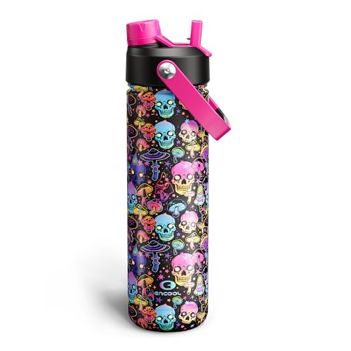 Image of ENCOOL Insulated Water Bottle with Straw Stainless Steel Water Bottle, Leak-Proof, BPA-Free, Double Wall Vacuum Keeps Cold for 24 Hours for Sports, Travel, School (26 oz, Trippy Skulls)